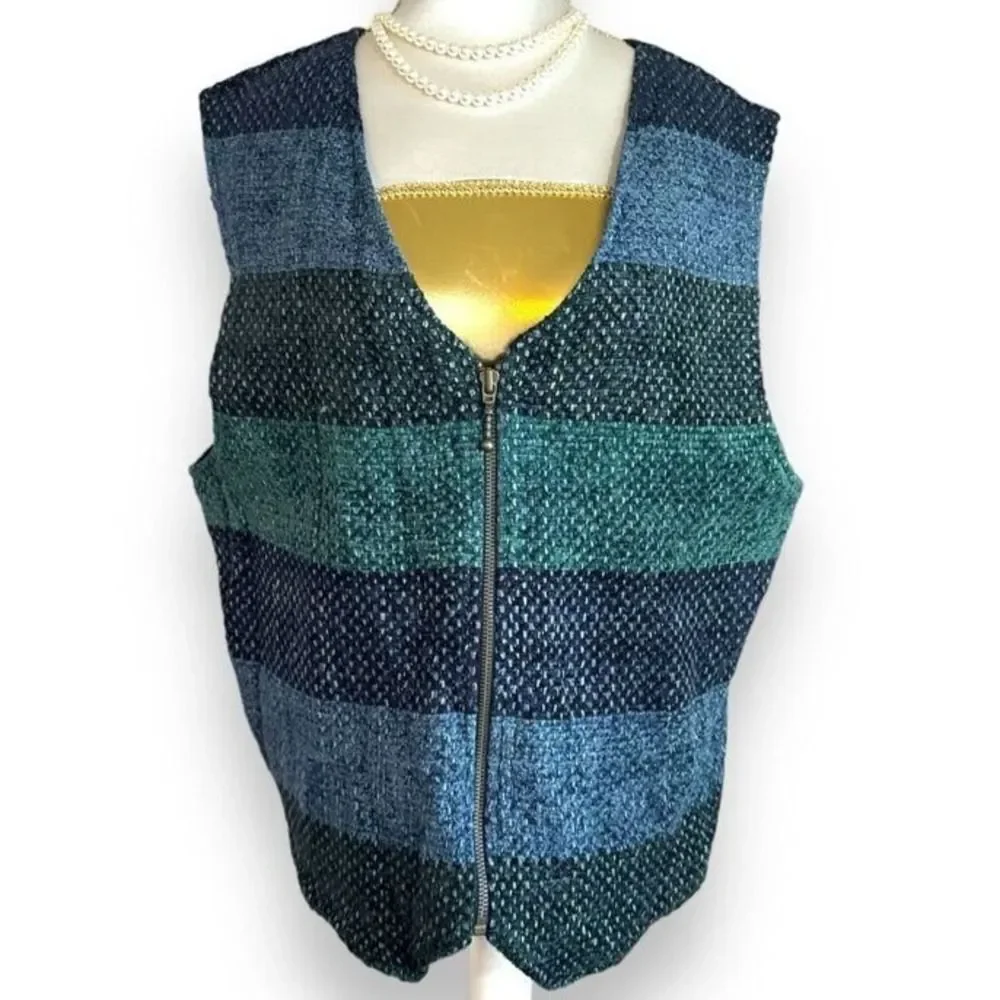 Vintage Westbound Womens Blue Cotton Tweed Striped Full Zip Vest sz XL 1980s-90s